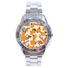 Vintage Floral Wallpaper Background In Shades Of Orange Stainless Steel Analogue Watch by Nexatart