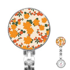 Vintage Floral Wallpaper Background In Shades Of Orange Stainless Steel Nurses Watch by Nexatart