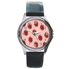 Pink Polka Dot Background With Red Roses Round Metal Watch by Nexatart