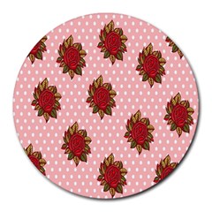 Pink Polka Dot Background With Red Roses Round Mousepads by Nexatart