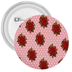 Pink Polka Dot Background With Red Roses 3  Buttons by Nexatart