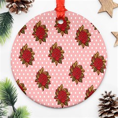 Pink Polka Dot Background With Red Roses Ornament (round) by Nexatart