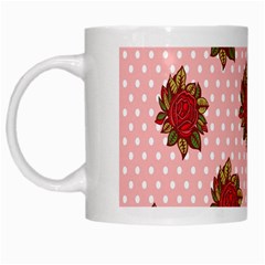 Pink Polka Dot Background With Red Roses White Mugs by Nexatart