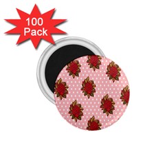 Pink Polka Dot Background With Red Roses 1 75  Magnets (100 Pack)  by Nexatart