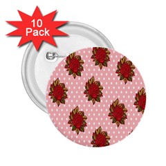 Pink Polka Dot Background With Red Roses 2 25  Buttons (10 Pack)  by Nexatart