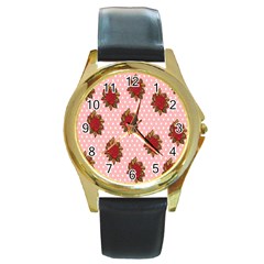 Pink Polka Dot Background With Red Roses Round Gold Metal Watch by Nexatart