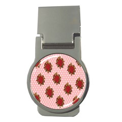 Pink Polka Dot Background With Red Roses Money Clips (round)  by Nexatart