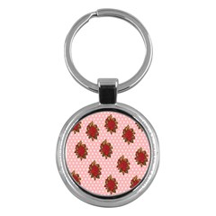 Pink Polka Dot Background With Red Roses Key Chains (round)  by Nexatart