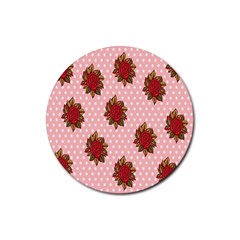 Pink Polka Dot Background With Red Roses Rubber Round Coaster (4 Pack)  by Nexatart