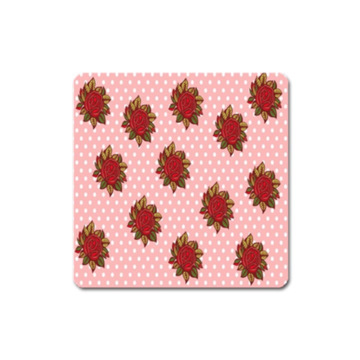 Pink Polka Dot Background With Red Roses Square Magnet