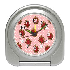 Pink Polka Dot Background With Red Roses Travel Alarm Clocks by Nexatart