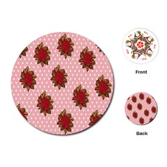 Pink Polka Dot Background With Red Roses Playing Cards (round)  by Nexatart