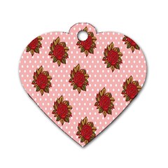 Pink Polka Dot Background With Red Roses Dog Tag Heart (one Side) by Nexatart