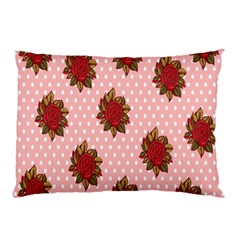 Pink Polka Dot Background With Red Roses Pillow Case by Nexatart