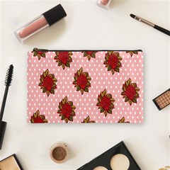 Pink Polka Dot Background With Red Roses Cosmetic Bag (medium)  by Nexatart