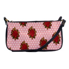 Pink Polka Dot Background With Red Roses Shoulder Clutch Bags by Nexatart