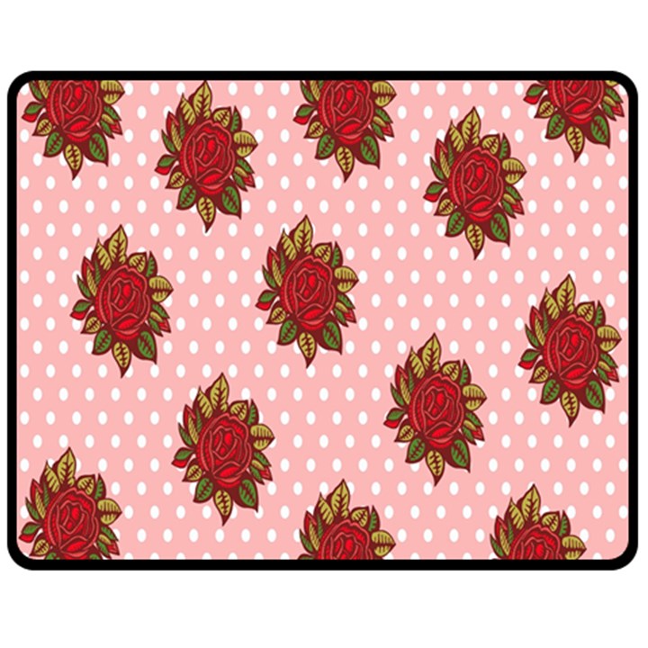 Pink Polka Dot Background With Red Roses Fleece Blanket (Medium) 