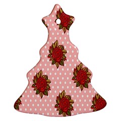 Pink Polka Dot Background With Red Roses Christmas Tree Ornament (two Sides) by Nexatart