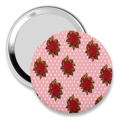 Pink Polka Dot Background With Red Roses 3  Handbag Mirrors by Nexatart