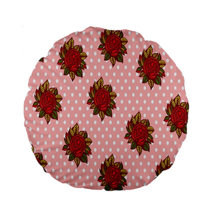 Pink Polka Dot Background With Red Roses Standard 15  Premium Round Cushions