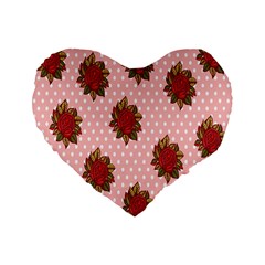 Pink Polka Dot Background With Red Roses Standard 16  Premium Heart Shape Cushions by Nexatart