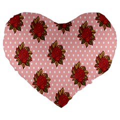 Pink Polka Dot Background With Red Roses Large 19  Premium Heart Shape Cushions by Nexatart