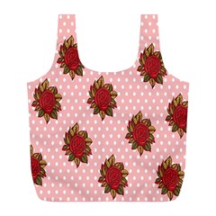 Pink Polka Dot Background With Red Roses Full Print Recycle Bags (l)  by Nexatart