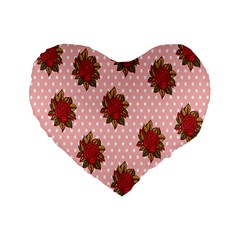 Pink Polka Dot Background With Red Roses Standard 16  Premium Flano Heart Shape Cushions by Nexatart