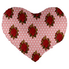 Pink Polka Dot Background With Red Roses Large 19  Premium Flano Heart Shape Cushions by Nexatart