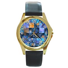 Blue Squares Abstract Background Of Blue And Purple Squares Round Gold Metal Watch by Nexatart