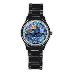 Blue Squares Abstract Background Of Blue And Purple Squares Stainless Steel Round Watch by Nexatart