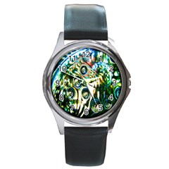 Dark Abstract Bubbles Round Metal Watch by Nexatart