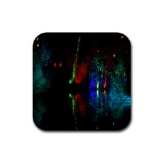 Illuminated Trees At Night Near Lake Rubber Coaster (square)  by Nexatart