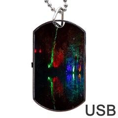 Illuminated Trees At Night Near Lake Dog Tag Usb Flash (one Side) by Nexatart