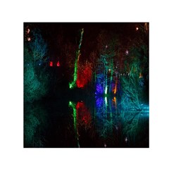 Illuminated Trees At Night Near Lake Small Satin Scarf (square) by Nexatart