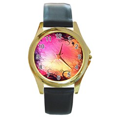 Floral Frame Surrealistic Round Gold Metal Watch by Nexatart