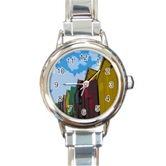 Brightly Colored Dressing Huts Round Italian Charm Watch by Nexatart