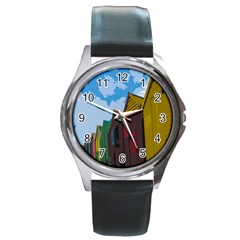 Brightly Colored Dressing Huts Round Metal Watch by Nexatart