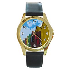 Brightly Colored Dressing Huts Round Gold Metal Watch by Nexatart