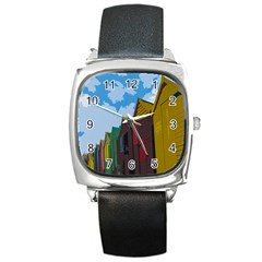 Brightly Colored Dressing Huts Square Metal Watch by Nexatart