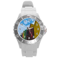 Brightly Colored Dressing Huts Round Plastic Sport Watch (l) by Nexatart