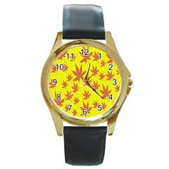 Autumn Background Round Gold Metal Watch by Nexatart