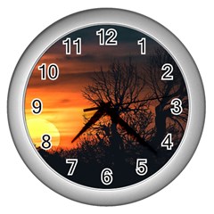 Sunset At Nature Landscape Wall Clocks (silver)  by dflcprints