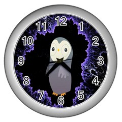 Fractal Image With Penguin Drawing Wall Clocks (silver)  by Nexatart