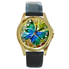 Blue Spotted Butterfly Art In Glass With White Spots Round Gold Metal Watch by Nexatart