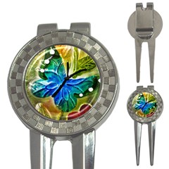 Blue Spotted Butterfly Art In Glass With White Spots 3-in-1 Golf Divots