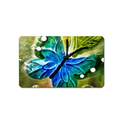 Blue Spotted Butterfly Art In Glass With White Spots Magnet (name Card) by Nexatart