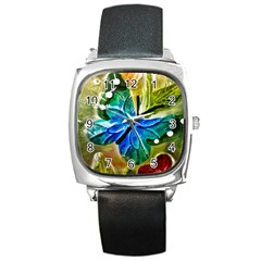 Blue Spotted Butterfly Art In Glass With White Spots Square Metal Watch by Nexatart