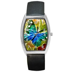 Blue Spotted Butterfly Art In Glass With White Spots Barrel Style Metal Watch by Nexatart