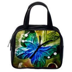 Blue Spotted Butterfly Art In Glass With White Spots Classic Handbags (one Side) by Nexatart